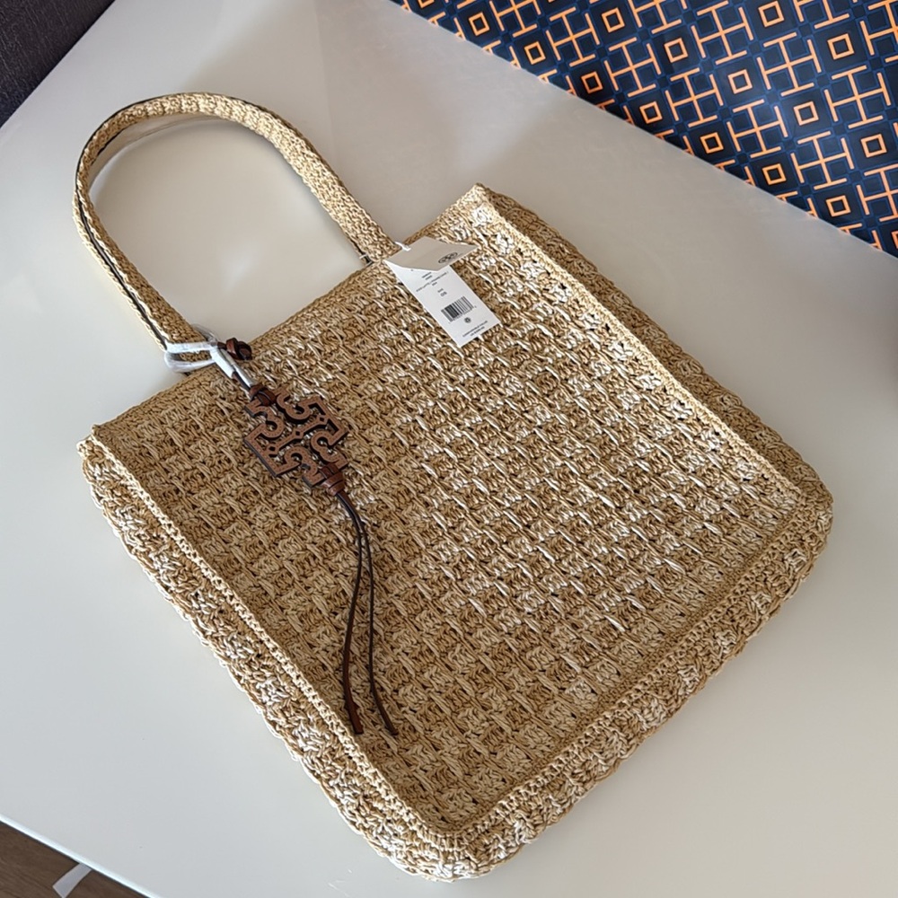 NWT , Tory Burch iced latte / pound cake straw Tote bag - Picture 6 of 12